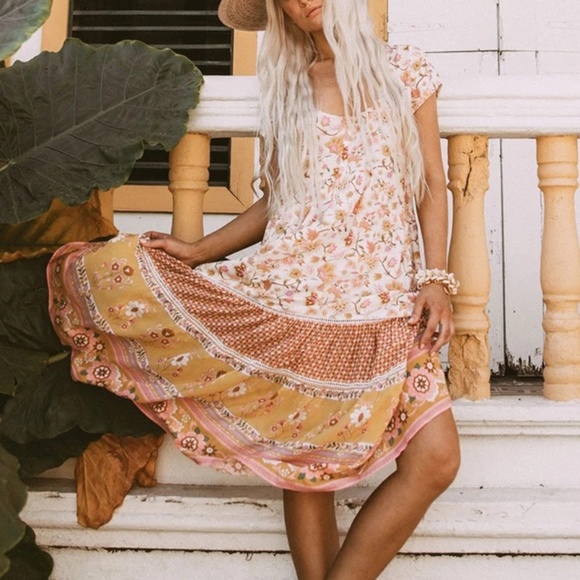 boho gypsy floral print ruffle hem midi dress - Picture 2 of 7